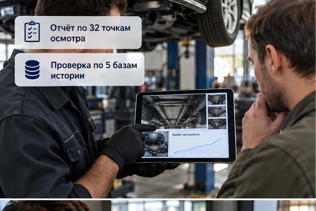 Специалист автоподбора демонстрирует клиенту детальный отчёт диагностики с фотографиями скрытых зон автомобиля на планшете.