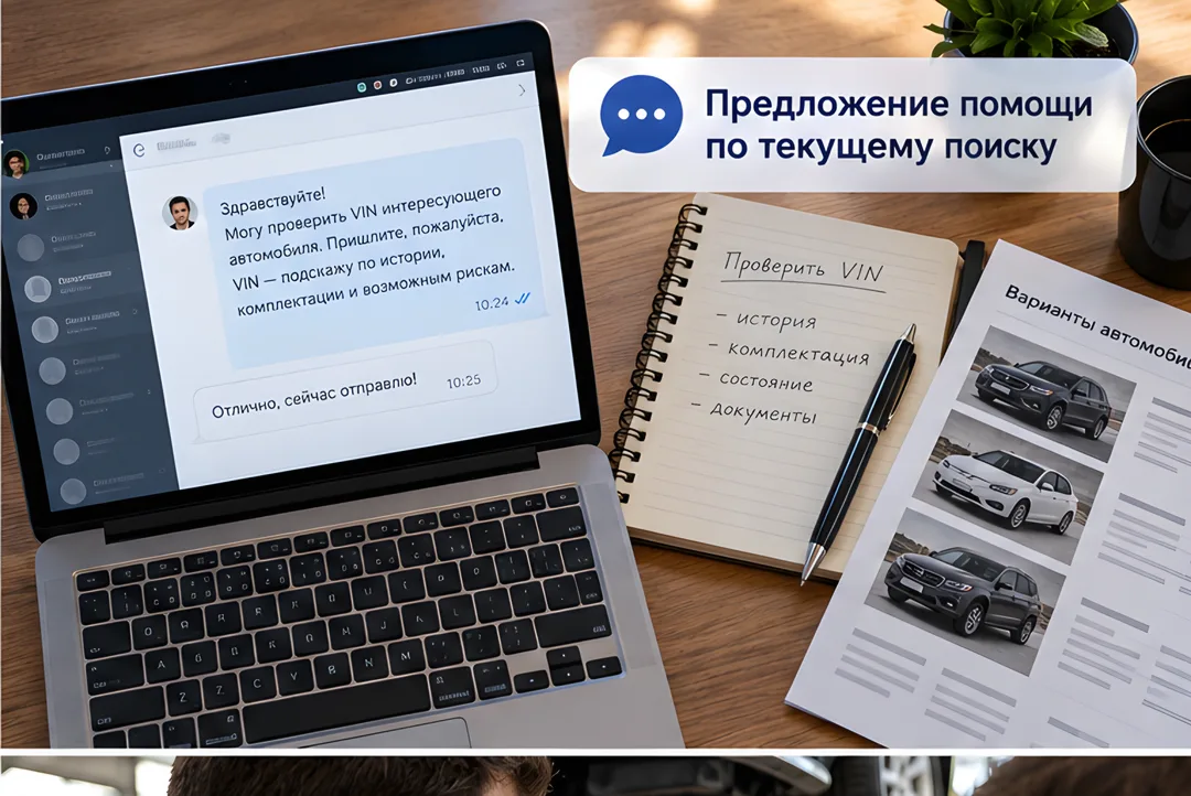 Рабочее место клиента: ноутбук с открытым чатом, где специалист предлагает помощь, и распечатанные варианты машин для выбора.