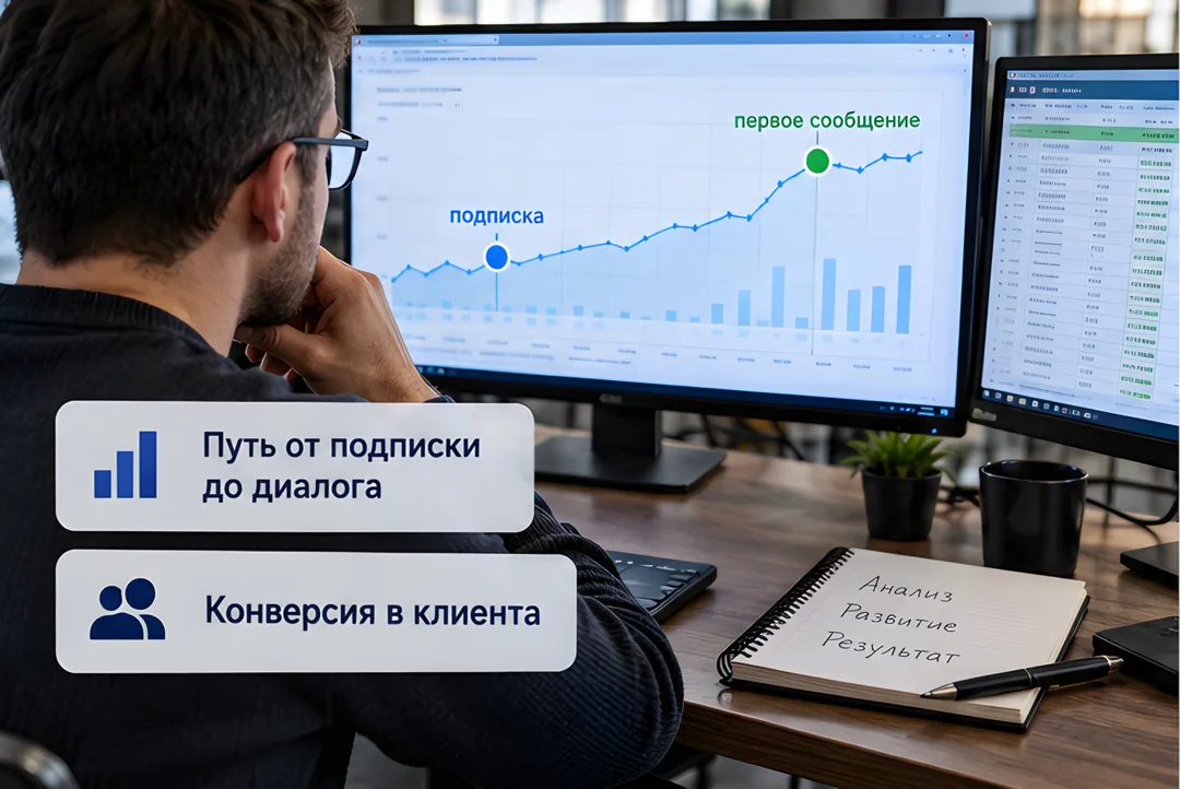 Специалист по автоподбору изучает на мониторе аналитику эффективности мессенджер-канала, графики перехода подписчиков в клиентов.
