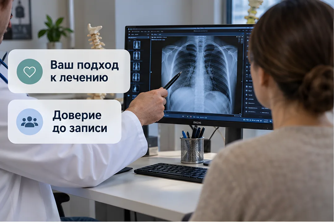 Врач в кабинете объясняет снимок пациентке, поверх фото карточки с подписями о подходе и доверии.