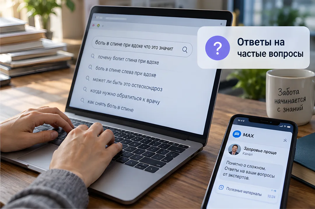 Руки человека ищут симптомы в интернете, рядом телефон с каналом врача, карточка про ответы на вопросы.