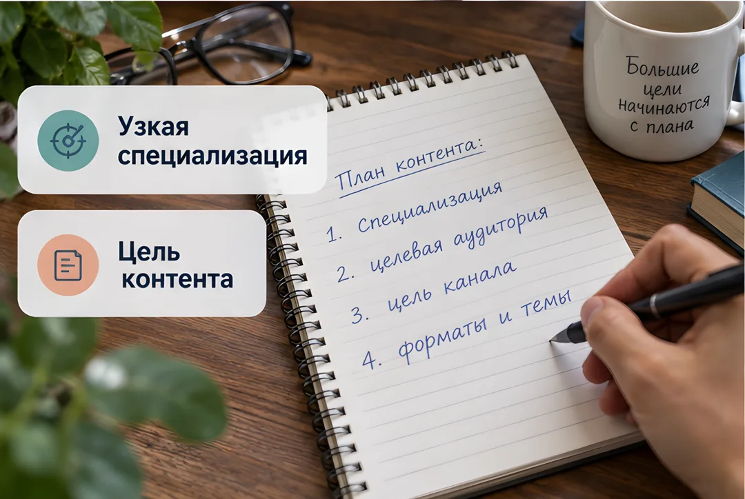 Крупный план руки, заполняющей план запуска канала в блокноте, поверх карточки с ключевыми пунктами.