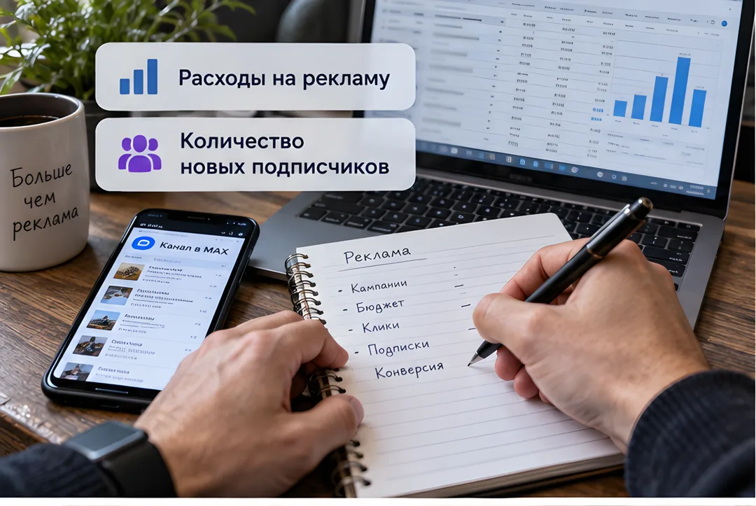 Специалист рассчитывает цену подписчика, записывая цифры из ноутбука в блокнот рядом со смартфоном, на котором открыт канал.