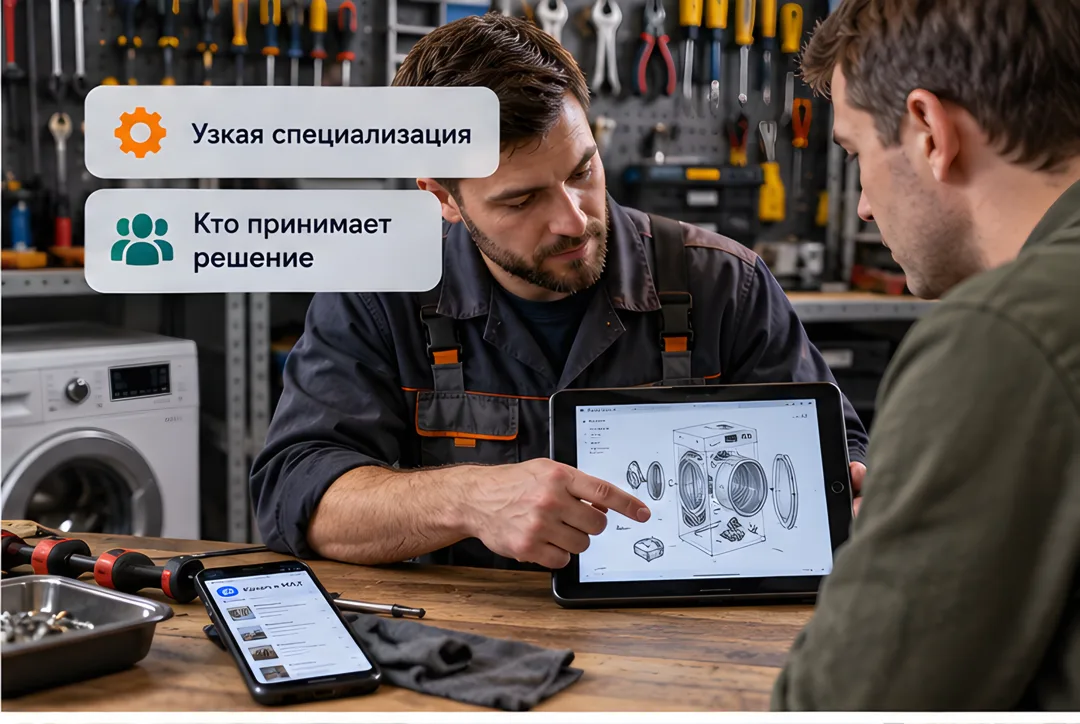Мастер в мастерской объясняет клиенту детали ремонта по планшету, на столе рядом лежит телефон с открытым профессиональным каналом.