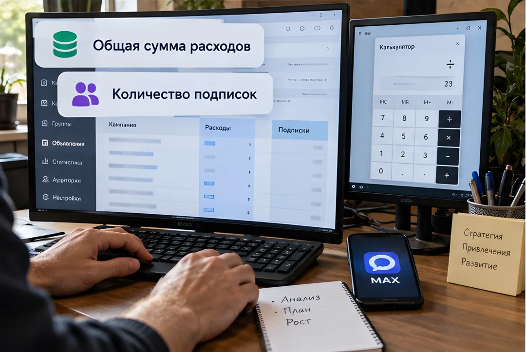 Руки пользователя работают с интерфейсом рекламного кабинета на мониторе, где видны данные по расходам и подпискам, на втором экране: результат расчёта.