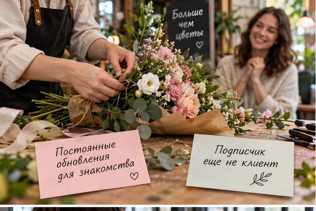 Руки флориста за работой над букетом, на переднем плане карточки с пояснениями о канале и подписчиках