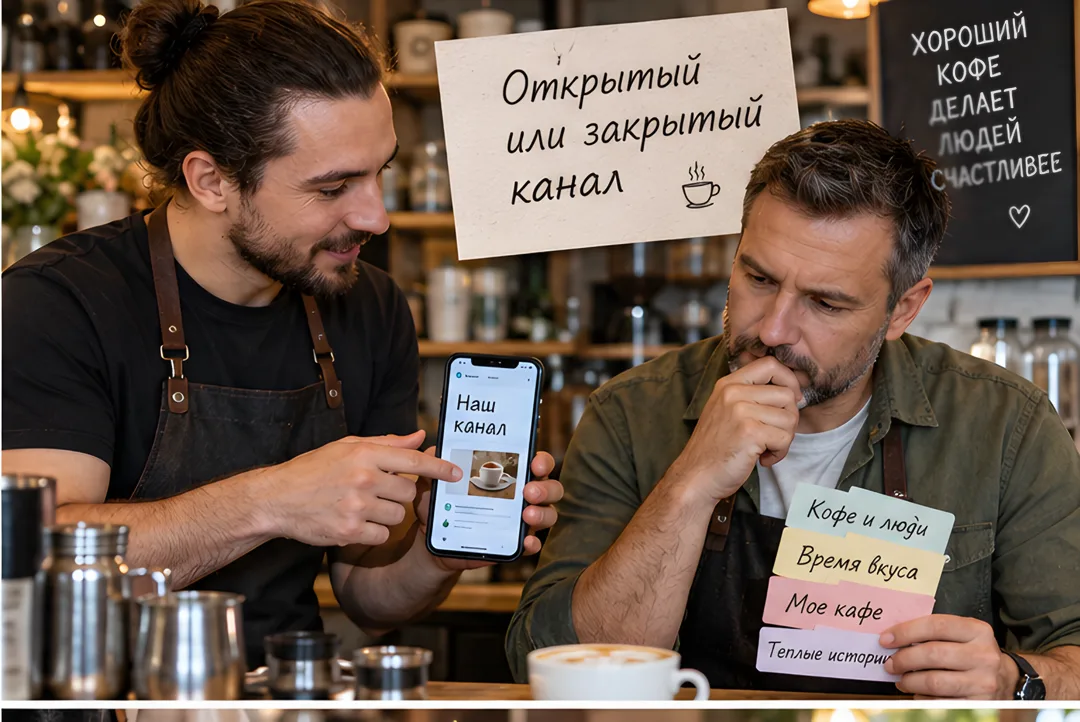 Владелец кафе и бармен обсуждают настройку канала, глядя на телефон