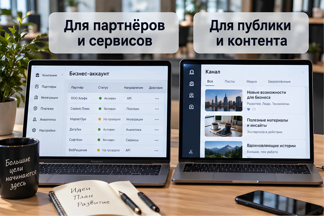 Два ноутбука на столе, показывающие разницу между техническим бизнес-аккаунтом и публичным каналом для общения с клиентами.