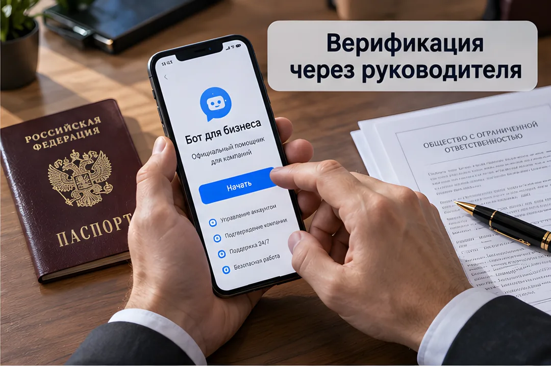Руки человека верифицируют компанию через официального бота в мессенджере, рядом лежат необходимые документы.