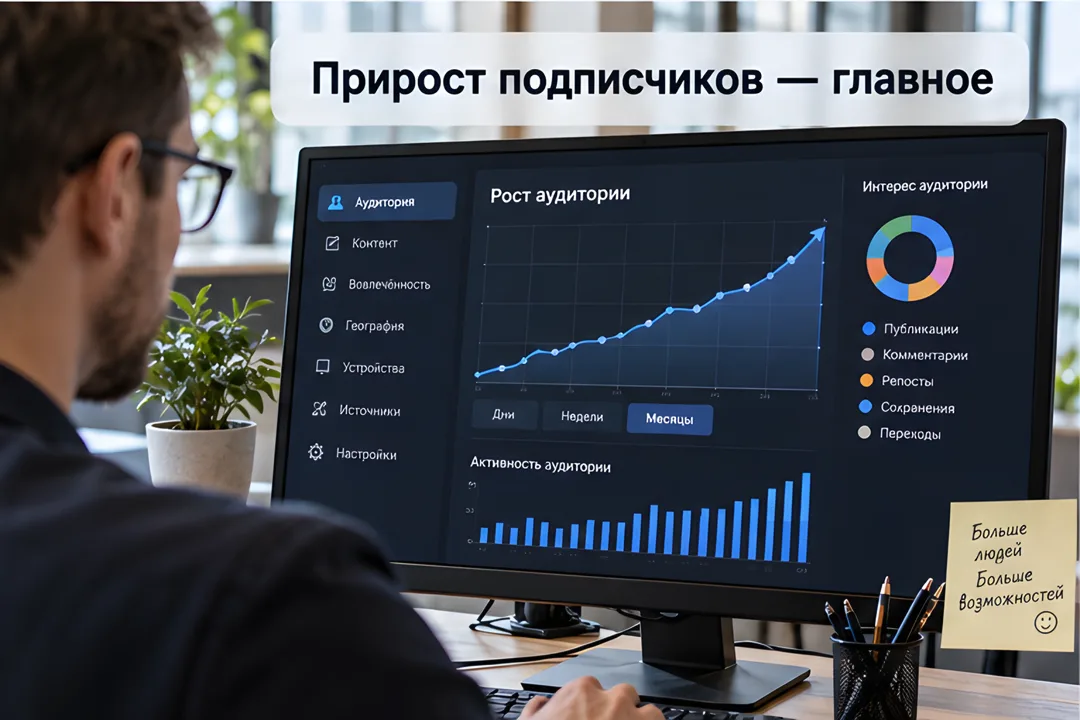 Специалист изучает график роста подписчиков в первый месяц ведения бизнес-канала, оценивая интерес аудитории.