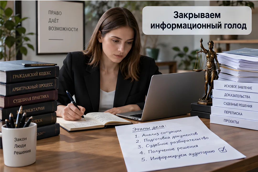 Юрист создаёт контент для канала, разбирая типичные ситуации клиентов, чтобы сформировать доверие до обращения.