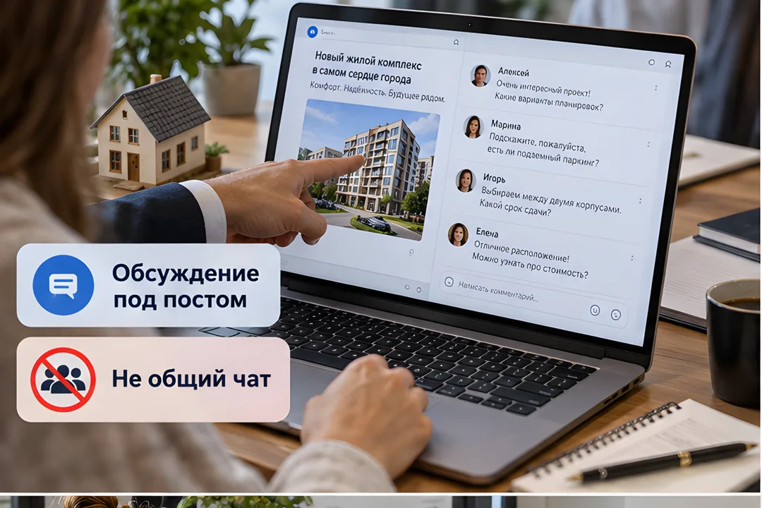 Консультант показывает на экране ноутбука обсуждение в комментариях под постом в канале MAX. Клиент внимательно смотрит.