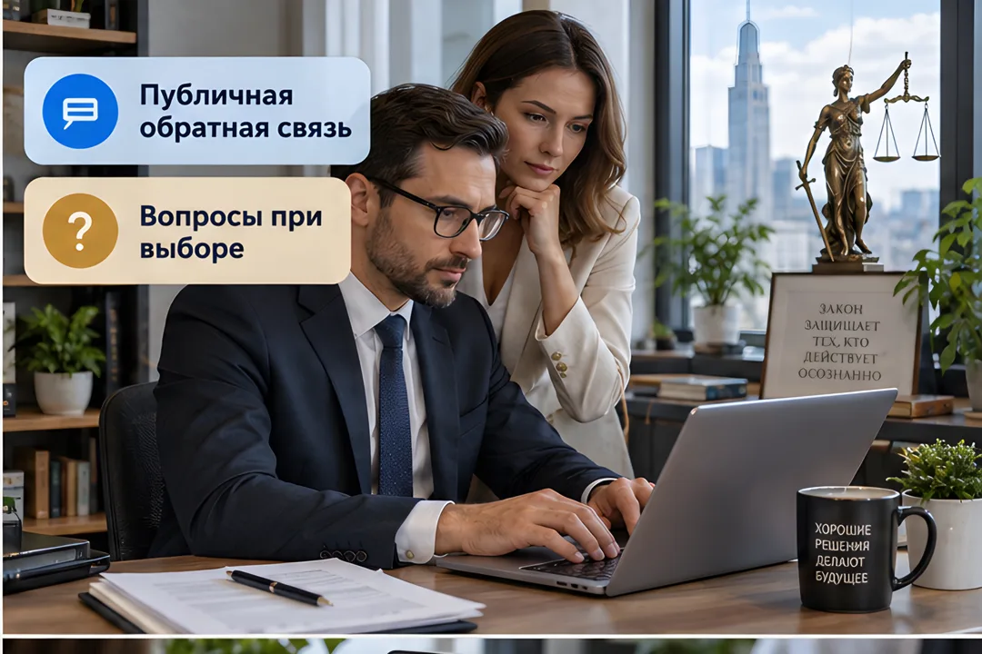Консультант сосредоточенно печатает ответ в комментариях на ноутбуке в современном офисе. Коллега смотрит на экран.