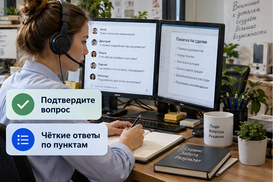 Сотрудник службы поддержки работает за компьютером с двумя мониторами, на одном из которых открыты комментарии в MAX. Он делает пометку в блокноте.