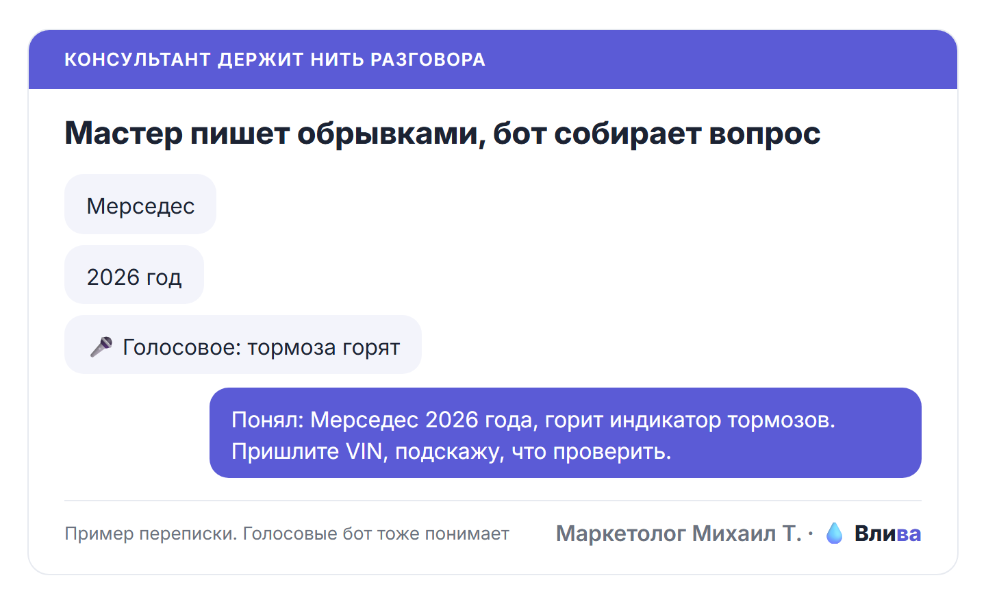 бот собирает короткие сообщения в один понятный вопрос.