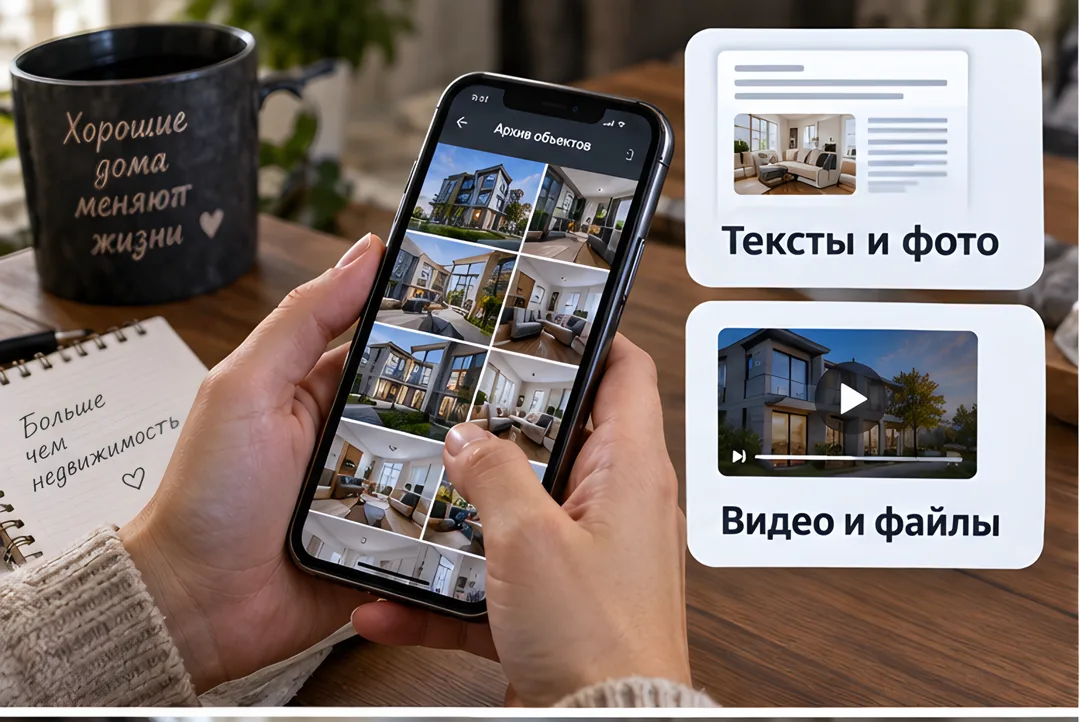Специалист по недвижимости на фоне офиса листает архив фото объектов в смартфоне, поверх экрана карточки с типами переносимого контента.