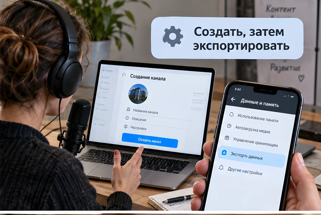 Контент-менеджер за ноутбуком одновременно управляет созданием канала в MAX и экспортом данных из Telegram на телефоне.