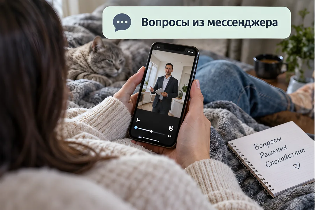 Клиент в уютной обстановке смотрит на смартфоне короткий формат видео с ответом юриста на частый вопрос.