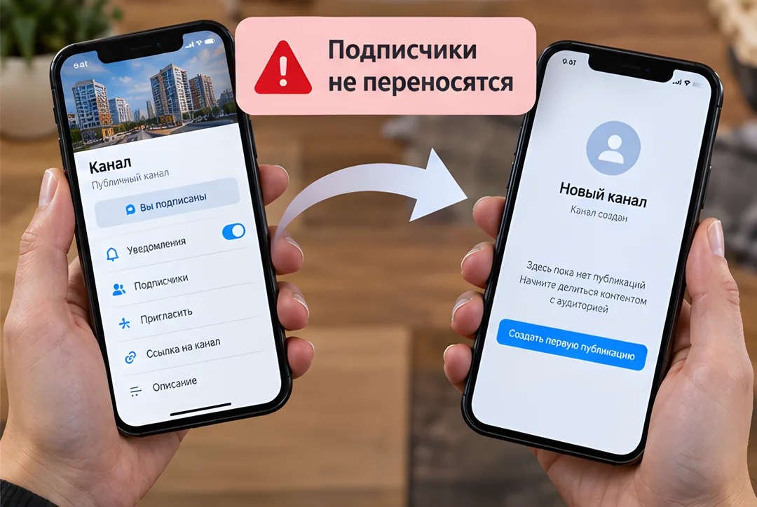 Две руки с двумя телефонами демонстрируют разницу: старый канал с аудиторией и новый пустой канал в другом мессенджере.