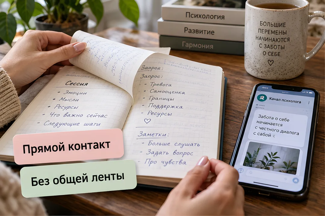 Руки психолога за работой со смартфоном, на экране которого виден мессенджер. Поверх изображения две карточки с текстом.