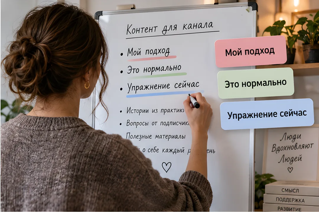 Психолог у маркерной доски планирует контент. Поверх фото три карточки с подписями типов публикаций.