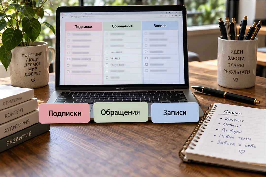 Ноутбук с таблицей для учёта подписок, обращений и записей. Поверх изображения три карточки с названиями метрик.