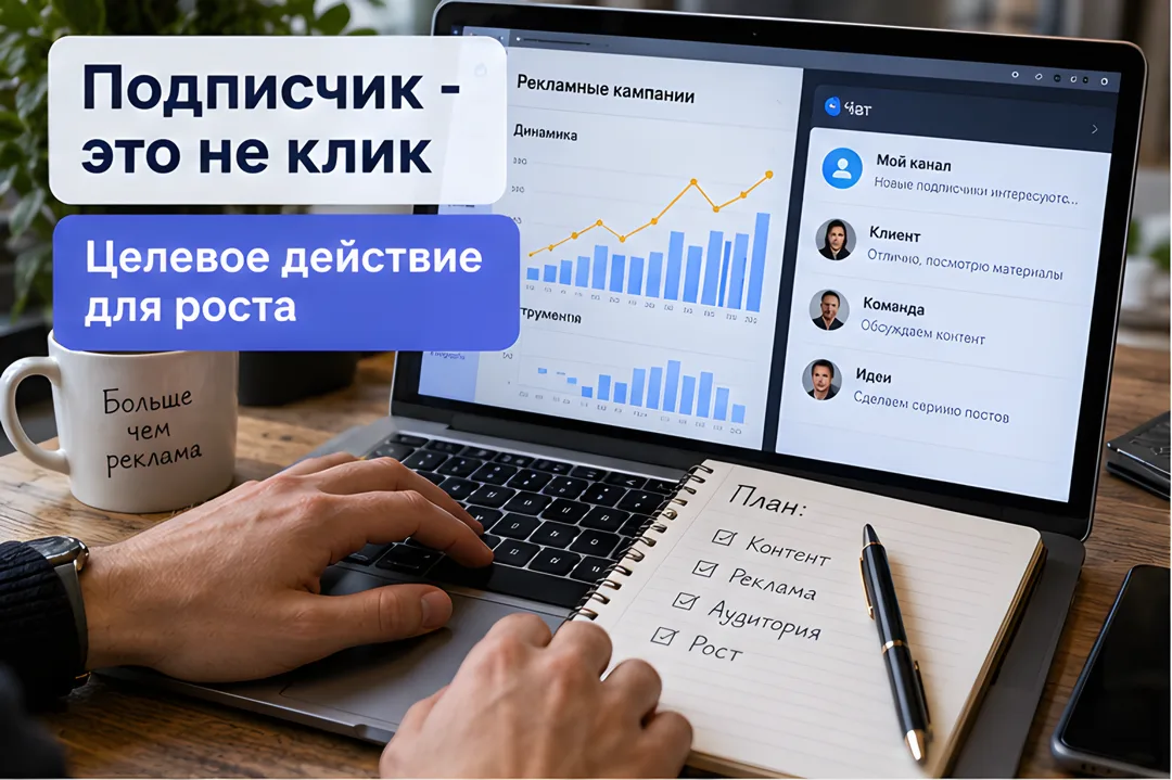 Специалист анализирует статистику рекламной кампании на ноутбуке, сравнивая переходы и подписки в канале.
