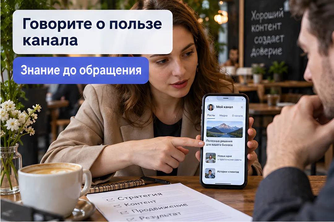 Консультант демонстрирует потенциальному клиенту полезный контент из своего мессенджер-канала во время встречи.