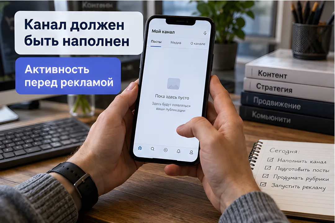 Пользователь разочарованно смотрит на пустой мессенджер-канал на экране своего телефона.