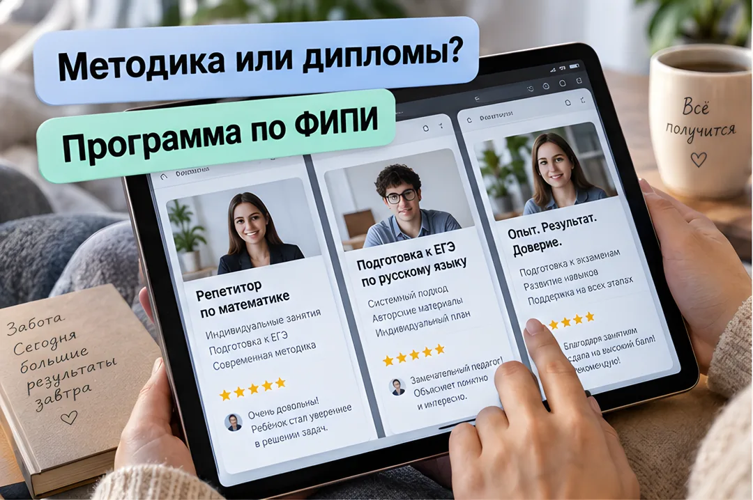 Родитель сравнивает на планшете предложения школ подготовки к ЕГЭ, поверх экрана карточки с вопросами о методике и программе.