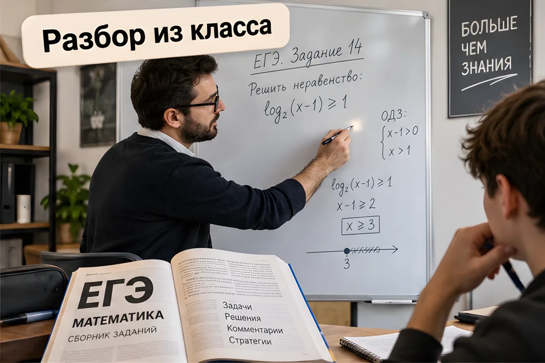 Преподаватель на уроке разбирает задание у доски, а на переднем плане виден учебник ЕГЭ и тетрадь ученика.