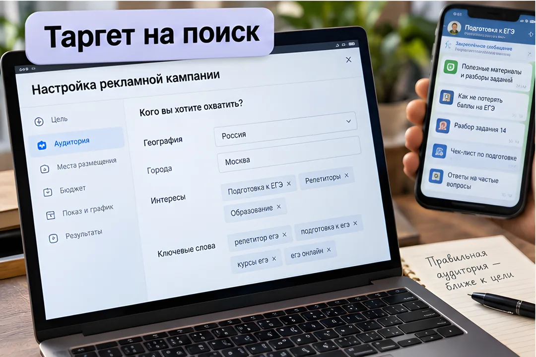 Настройка рекламного объявления в кабинете, таргетированного на поисковые запросы о подготовке к ЕГЭ.