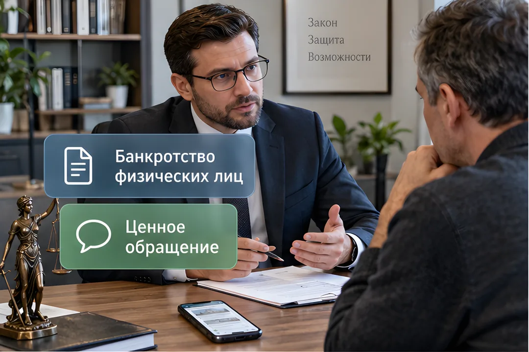 Юрист консультирует клиента по узкой специализации в современном офисе, на столе телефон с мессенджером