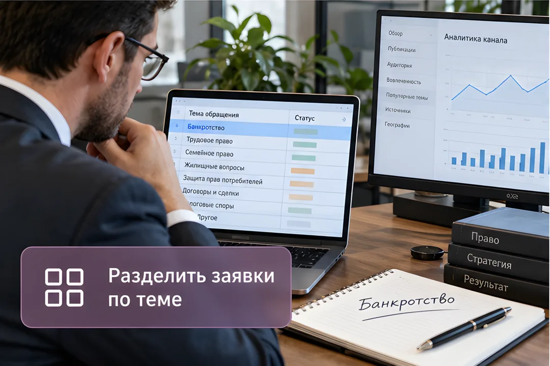 Юрист анализирует таблицу с темами обращений на экране ноутбука в своём кабинете