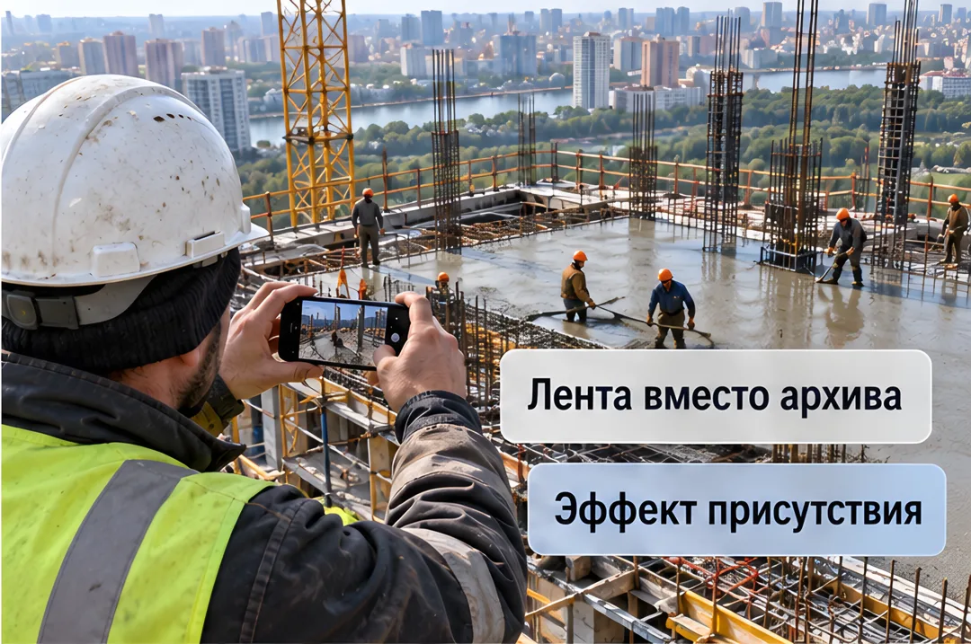 Рабочий на стройке снимает видео для мессенджера, создавая эффект живого присутствия для подписчиков.